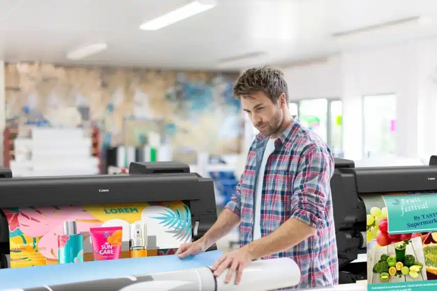 Man inspecteert kleurrijke posters die worden geprint door twee professionele kleurenprinters in een moderne printstudio.