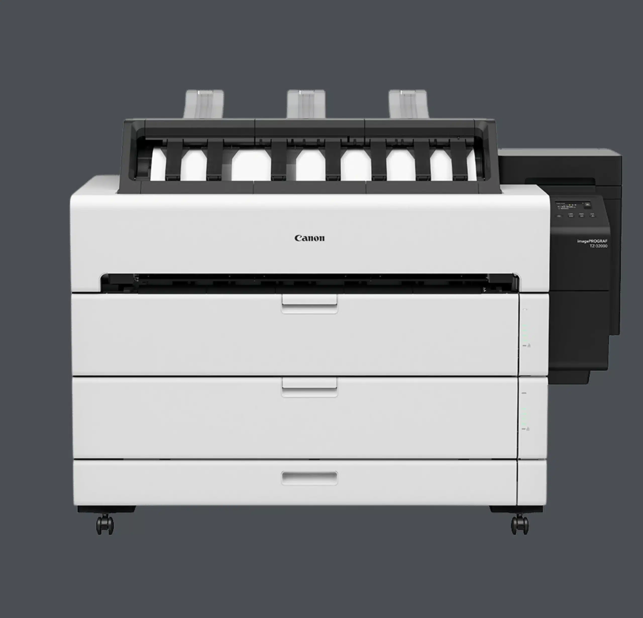Canon grootformaat printers met meerdere papierladen, touchscreen en verrijdbaar onderstel.
