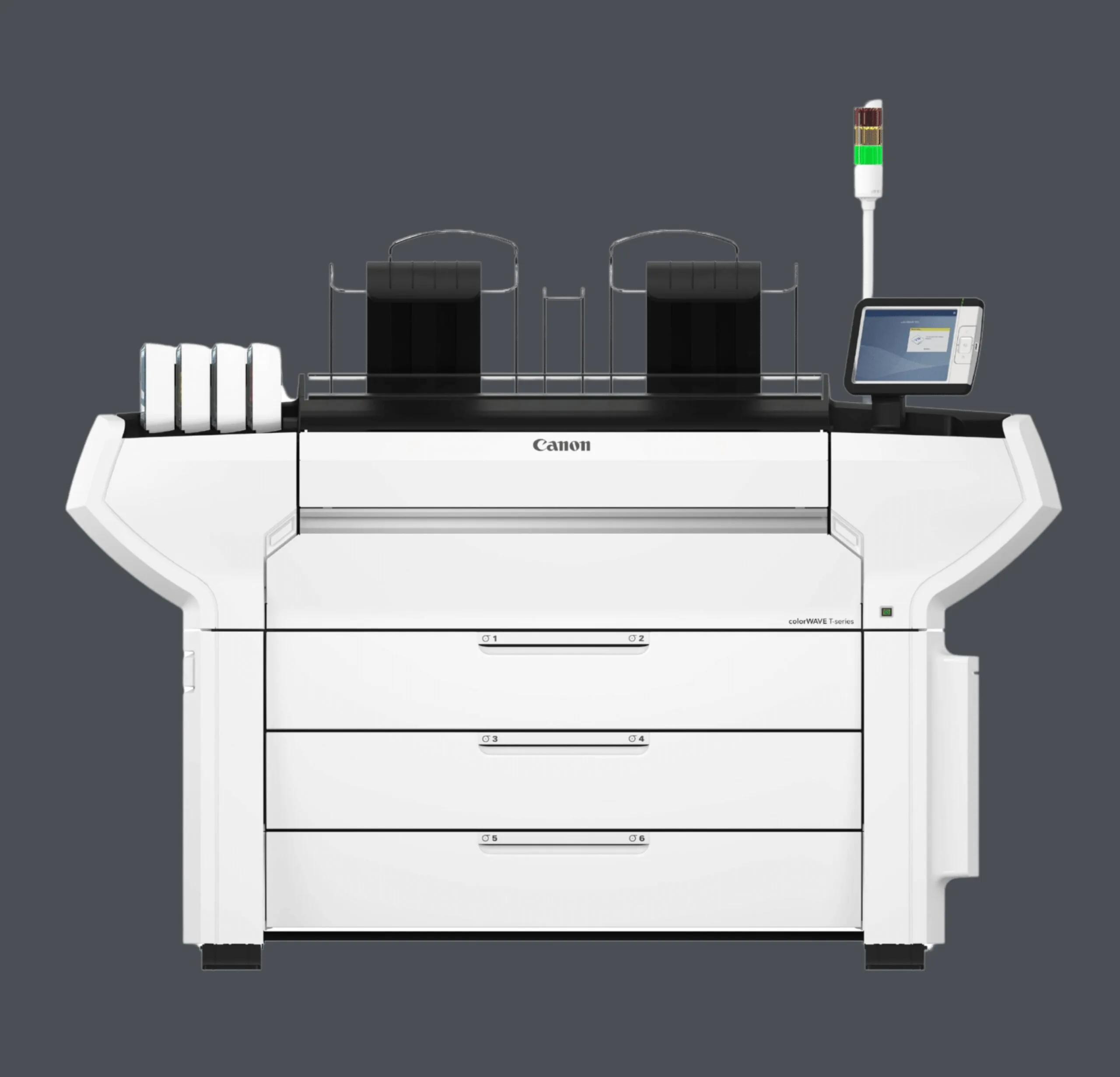 Canon ColorWAVE T-serie grootformaat printers met touchscreen, signaallamp en papierrollen bovenop.