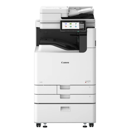 Productoverzicht van de imageFORCE C5100 multifunctionele printer van Canon, met een groot touchscreen bedieningspaneel en meerdere papierladen.