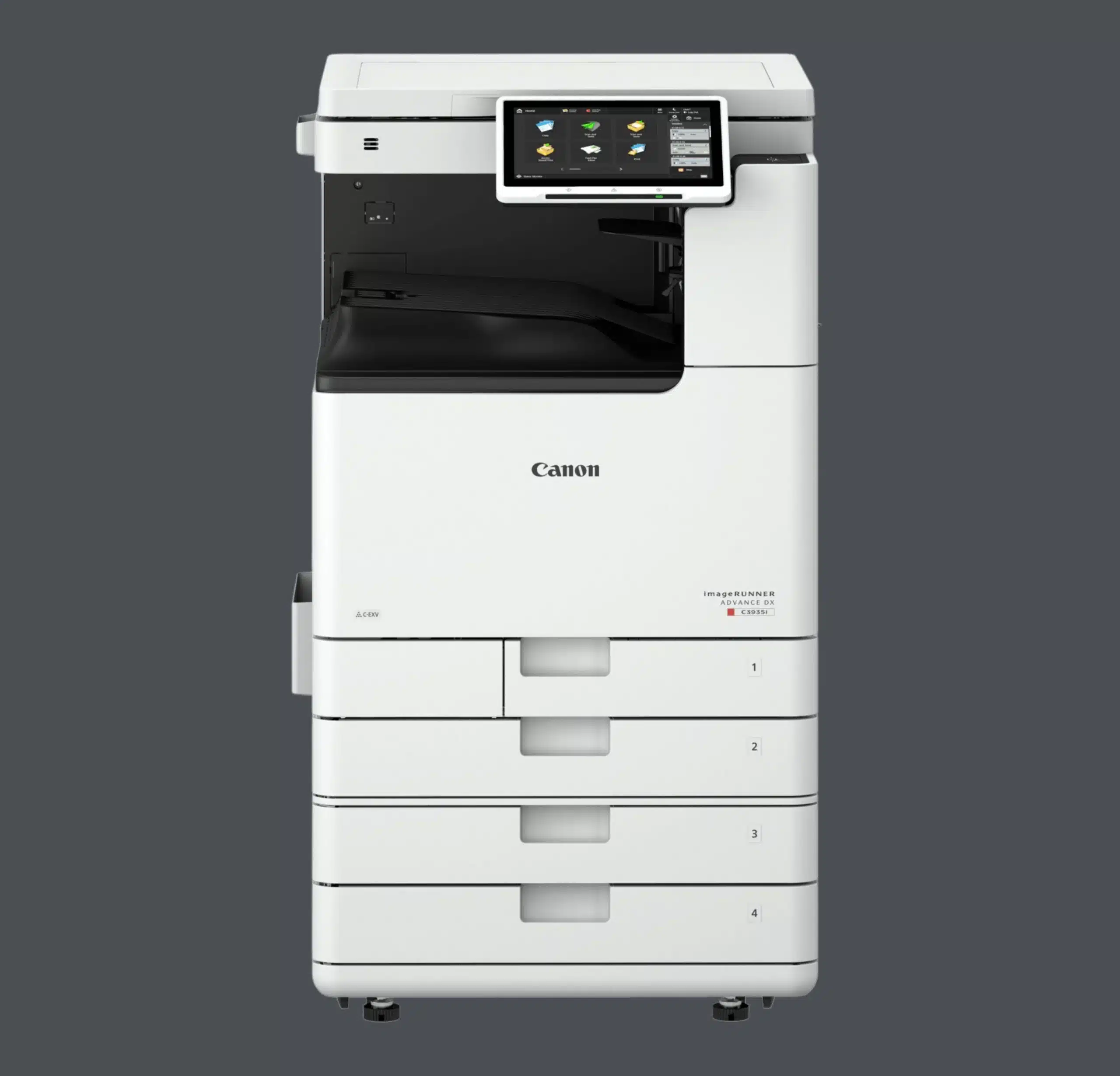 Canon imageRUNNER ADVANCE printer met touchscreen en vier papierladen – compact en behoort tot de kleinformaat printers.