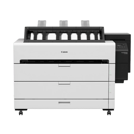 Productoverzicht van een Canon printer met drie papierladen, een bedieningspaneel aan de rechterzijde en wielen voor mobiliteit.