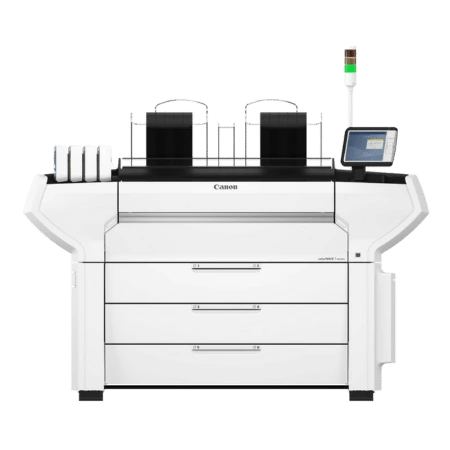 Productoverzicht van een Canon grootformaatprinter met meerdere papierladen en een bedieningspaneel.