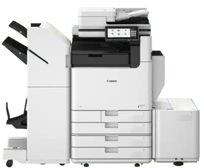 Productoverzicht van de Canon imageFORCE C7165 multifunctionele printer met papierladen, touchscreen bedieningspaneel en documentinvoer.