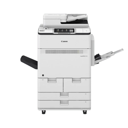 Productoverzicht van de Canon imagePRESS C70 multifunctionele printer met papierladen, bedieningspaneel en automatische documentinvoer.