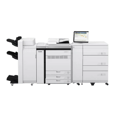 Productoverzicht van de Canon imagePRESS C900 printer met meerdere papierladen, uitvoercompartimenten en een touchscreen bedieningspaneel.
