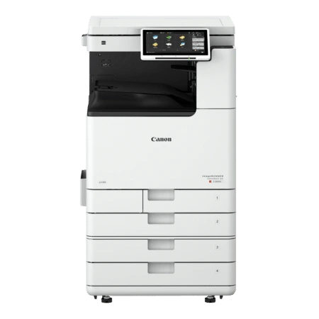 Productoverzicht van de Canon imageRUNNER multifunctionele printer met touchscreen bedieningspaneel en vier papierladen.