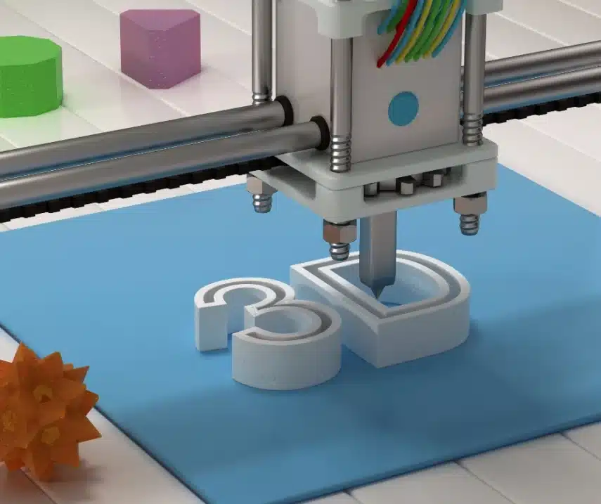 3D-printer die het woord ‘3D’ print, illustratie van innovatieve trends in de printerwereld 2026.