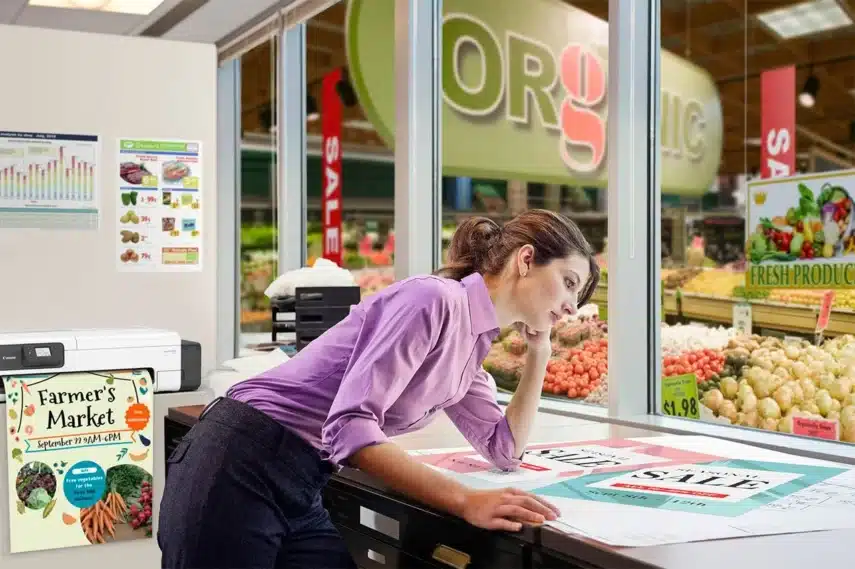 Canon lease printer gebruikt voor het ontwerpen en printen van kleurrijke promotieposters in een winkelomgeving.