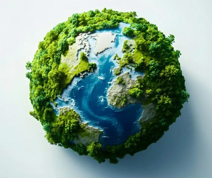 Illustratie van een groene aarde met weelderige bossen en blauwe oceanen, symbool voor duurzaamheid en milieuvriendelijke oplossingen.