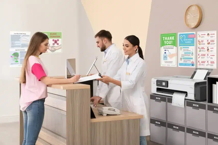 Nieuwe printer kopen voor zorginstelling? Canon printer op een balie in een medische omgeving met formulieren en documenten.